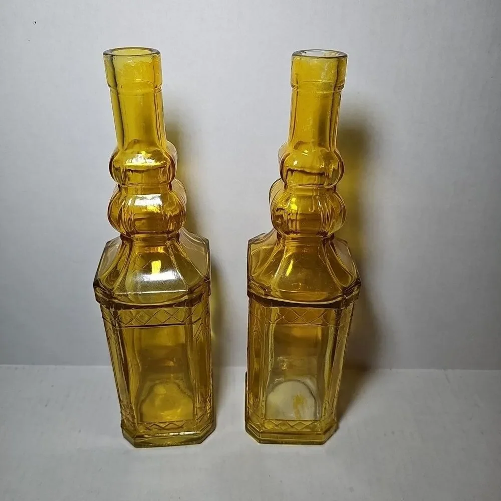 Set Of 2 Vintage Amber Embossed Decanters Bottles 11.5
